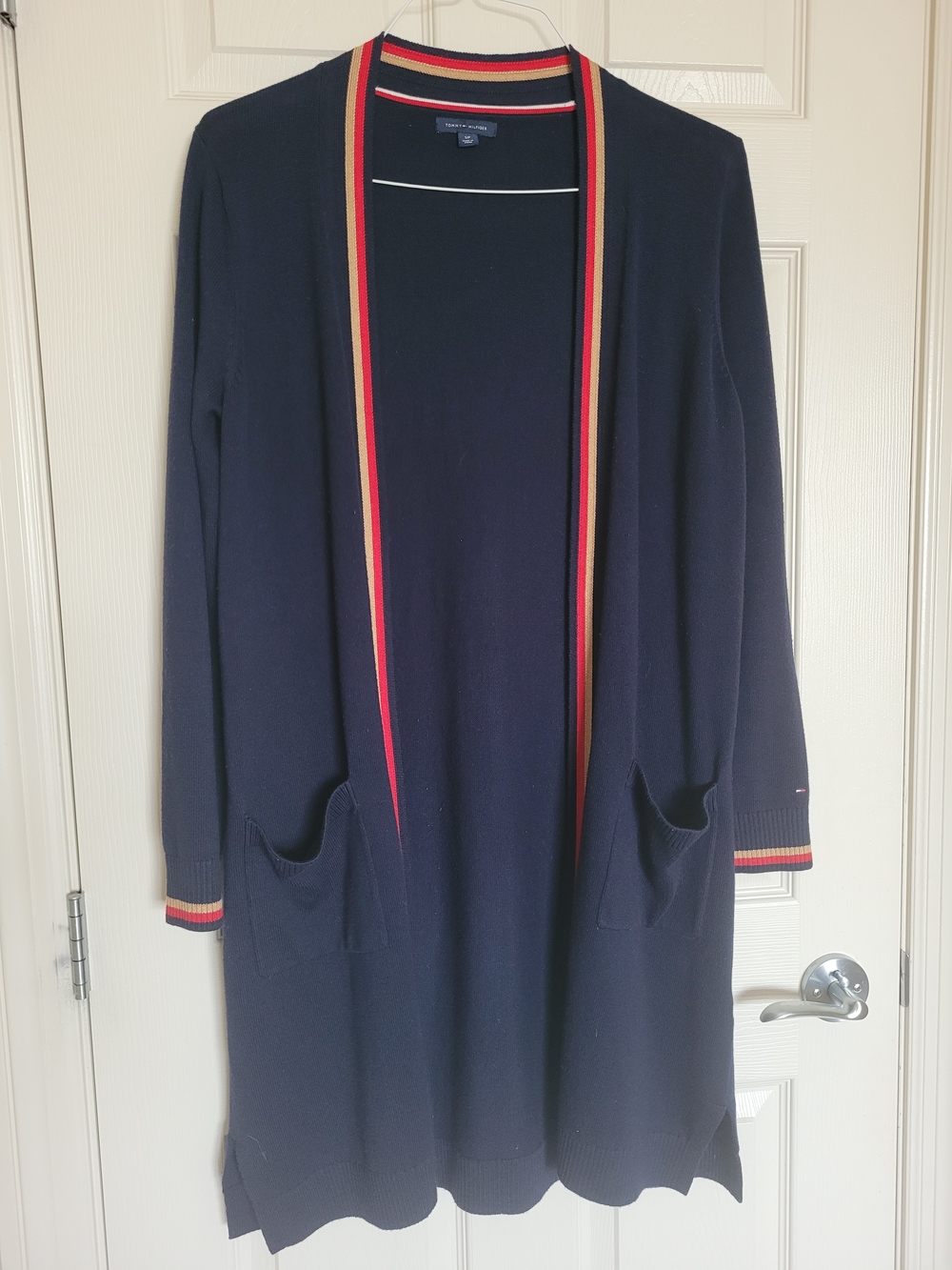 Tommy Hilfiger Navy Open Cardigan with Red and Gold Trim